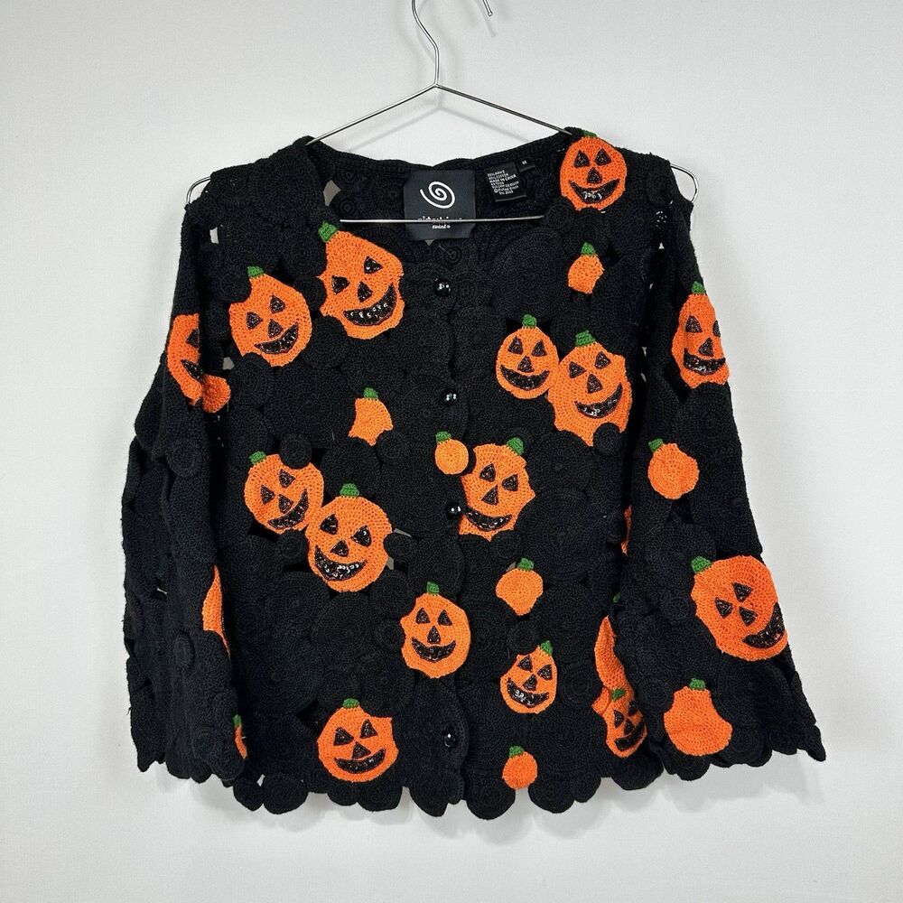 Michael Simon Event Open Crochet Pumpkin Jack-o-lantern Cardigan size M
